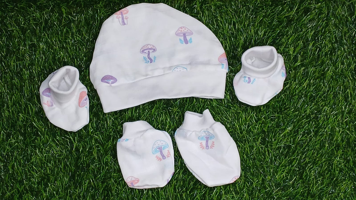 Mushroom Muslin Cap, Mitten & Sock Set for Newborns – Soft, Breathable & Gentle