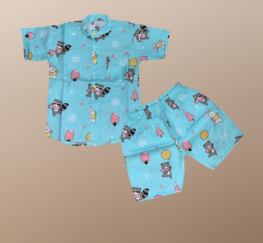 Children's pajama set with raccoon pattern on a beige background