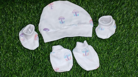 Mushroom  Muslin Cap, Mitten & Sock Set for Newborns – Soft, Breathable & Gentle